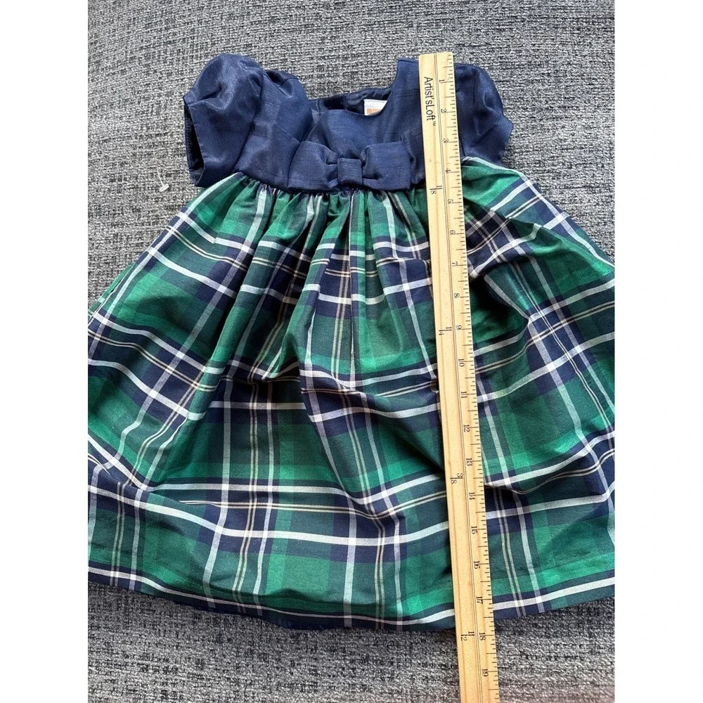 Gymboree Plaid Dress Navy Blue Green Puffy‎ Sleeve Baby Girls 12 18 Months